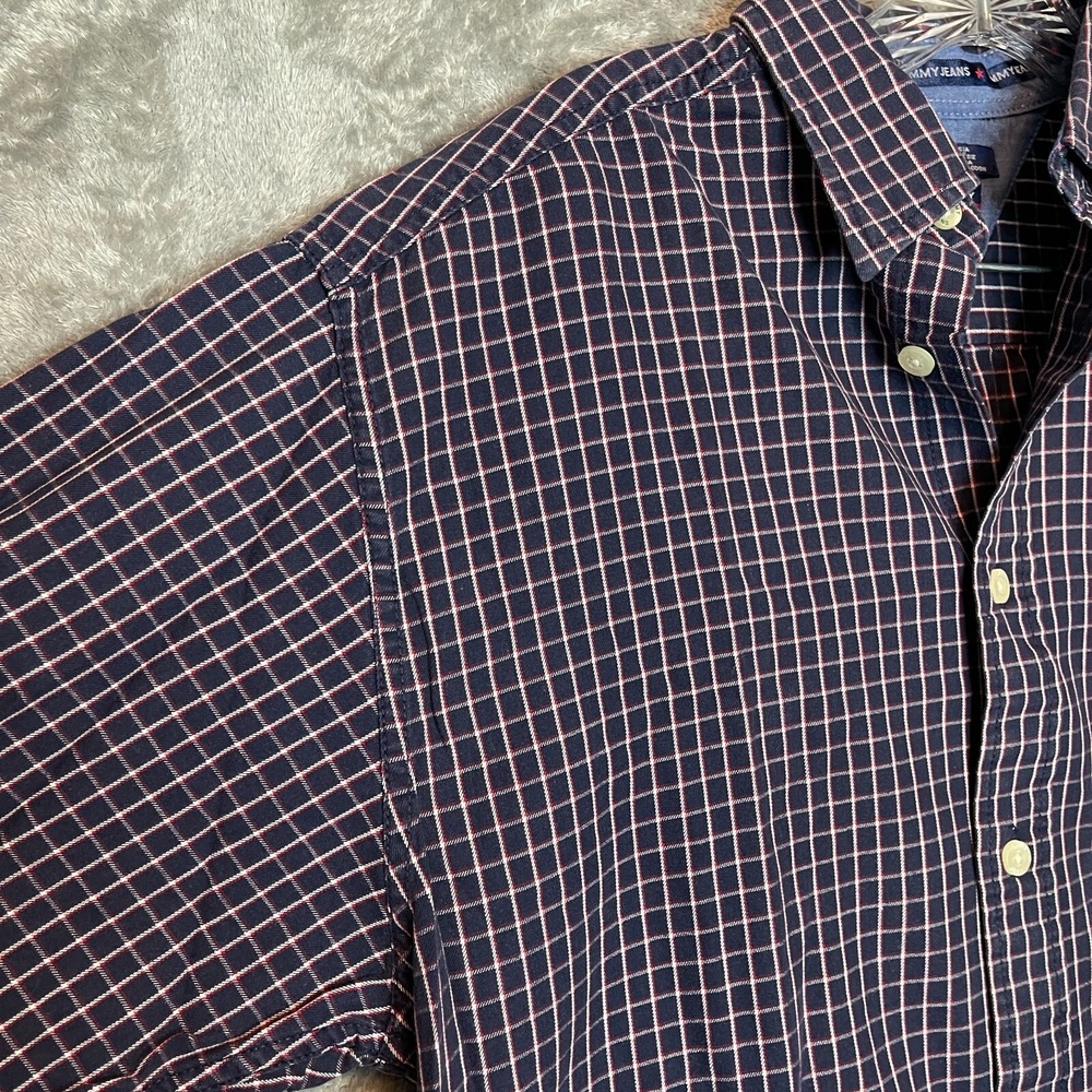 Vtg Tommy Jean Men Preppy Casual Plaid Embroidered Logo Spellout Button Shirt S - Picture 3 of 12